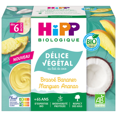 HIPP MES PREMIERS FRUITS - Délice végétal au lait de coco brassé bananes mangues ananas, de 6 à 12 mois - 4x100g