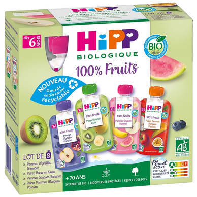 HIPP MES PREMIERS FRUITS - Purée de fruits et jus de fruits 4 variétésBio, de 6 à 12 mois - 8x90g