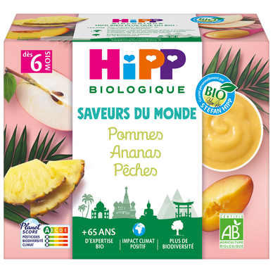 HIPP SAVEURS DU MONDE - Saveurs du monde pommes ananas pêches, de 6 à12 mois - 4x100g