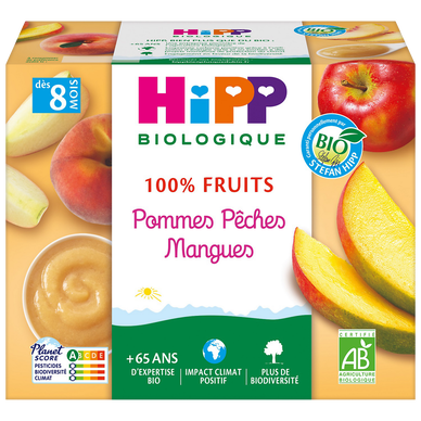 HIPP 100% FRUITS - Dessert bébé Pommes Pêches Mangues, dès 8 mois - 4x100g - Petits pots bébé