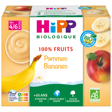 HIPP MES PREMIERS FRUITS - Pommes bananes, dès 4 mois - 4x100g - Petits pots bébé