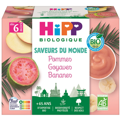 HIPP SAVEURS DU MONDE - Dessert bébé Pommes, Goyaves, Bananes, de 6 à12 mois - 4x100g