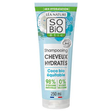Shampooing cheveux hydratés coco et acide hyaluronique SO BIO, 250ml