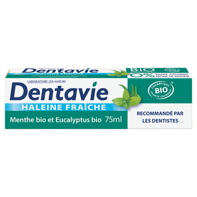 Dentifrice haleine fraîche menthe eucalyptus bio DENTAVIE, tube de 75ml