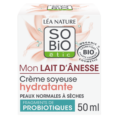 Crème hydratante visage soyeuse au lait d'ânesse tous types de peaux SO BIO,50ml