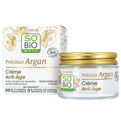 Crème visage anti-âge jour précieux argan bio SO'BIO, pot de 50ml