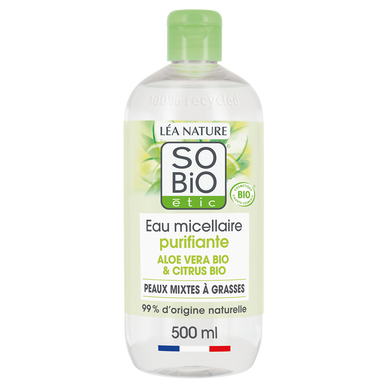 Eau micellaire peaux sensibles aloé vera bio SO BIO, flacon de 500ml