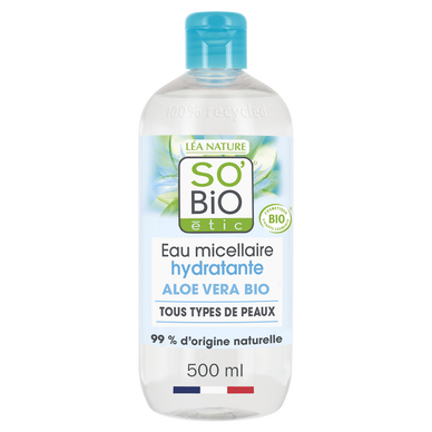 Eau micellaire hydratante aloé vera SO BIO, flacon de 500ml