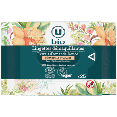 Lingettes démaquillantes à l'amande douce pour peaux sèches etsensibles  x25