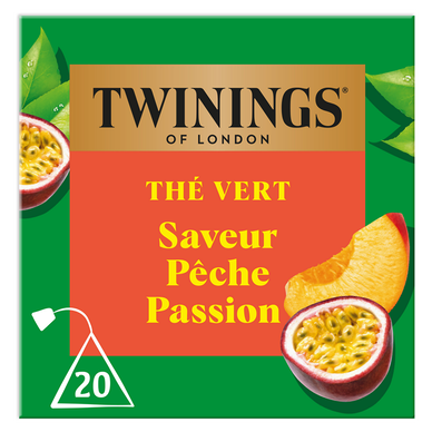 Thé vert saveur pêche passion TWINING, x20 sachets, 30g