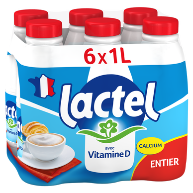 Lait entier Vitamine D LACTEL - Bouteille 6x1L