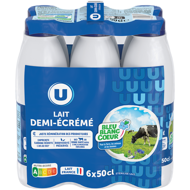 Lait UHT demi-écrémé Bleu Blanc Coeur - 6 bouteilles de 50cl