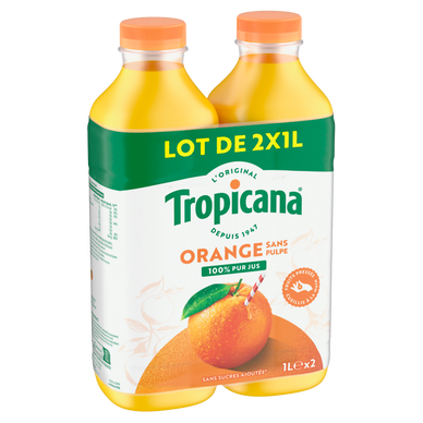 Pur jus d'orange sans pulpe Pure Premium TROPICANA, 2 bouteilles de 1l