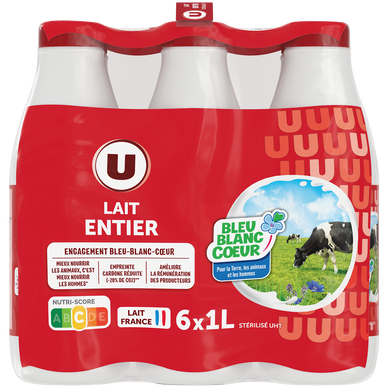 Lait UHT entier Bleu Blanc Coeur - 6 bouteilles de 1L