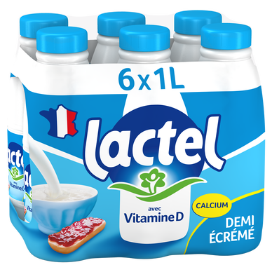 Lait demi-écrémé Vitamine D LACTEL - Bouteille 6x1L