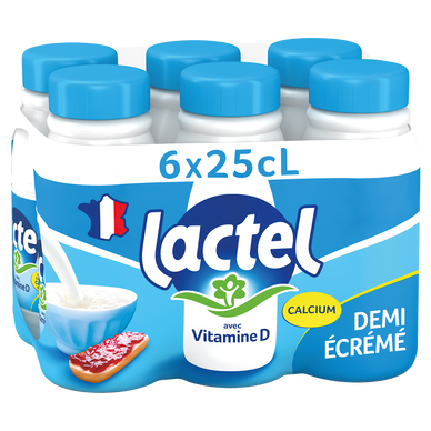 Lait demi-écrémé Vitamine D LACTEL - Bouteille 6x25cl