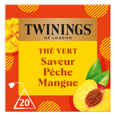 Thé vert pêche mangue TWININGS, boîte de 20 sachets 32g