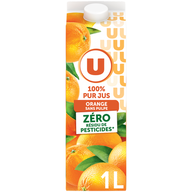 Pur jus d'orange sans pulpe, zéro résidu de pesticides, brique 1 litre