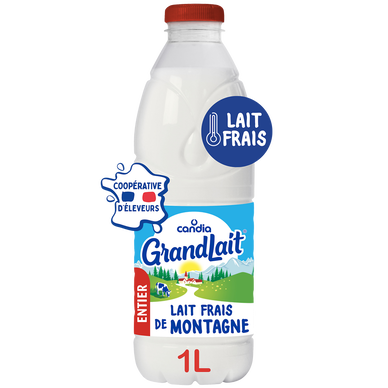 Lait frais de Montagne entier CANDIA GRANDLAIT - Bouteille 1L