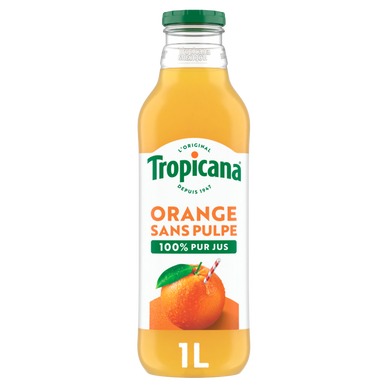 Jus d'oranges du Brésil sans pulpe Pure Premium TROPICANA, bouteille en verre de 1l
