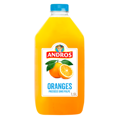 Jus d'orange 100% pur jus sans pulpe sans sucres ajoutés ANDROS - Bouteille de1,5l