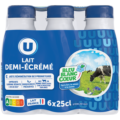 Lait UHT demi-écrémé Bleu Blanc Coeur -  6 bouteilles de 25cl
