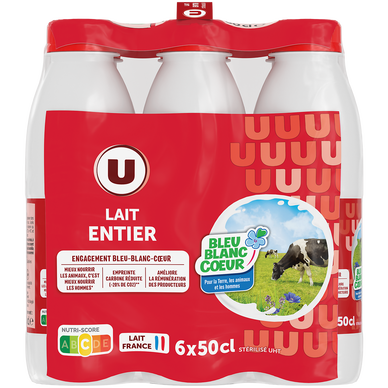 Lait entier UHT Bleu Blanc Coeur, 6x50cl