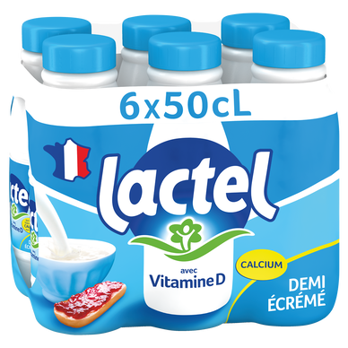 Lait demi-écrémé Vitamine D LACTEL - Bouteille 6x50cl