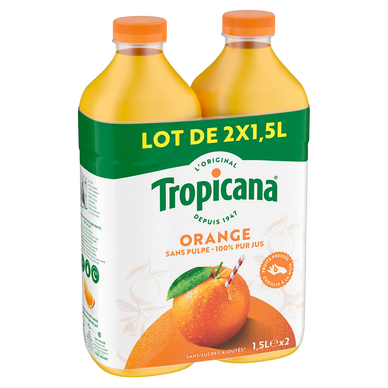 Jus d'orange pur jus sans pulpe TROPICANA, pet 2x1,5 litre