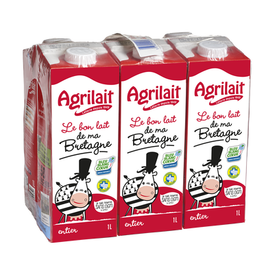Lait UHT entier bleu-blanc-coeur AGRILAIT, 6 bouteilles, 1l