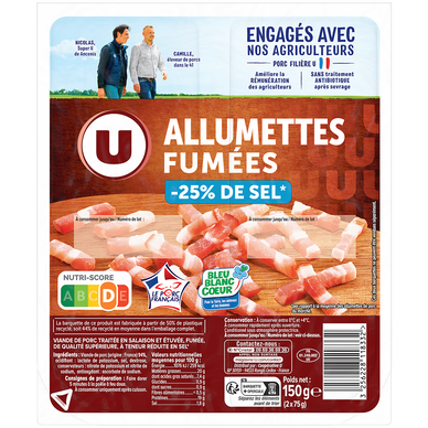 Allumettes de porc fumées teneur réduit en sel Bleu Blanc Coeur U 2x75g 150g