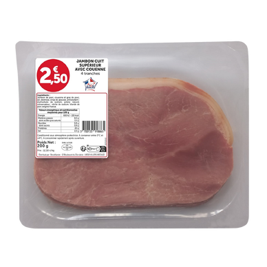 Jambon cuit supérieur avec couenne, VPF, 4 tranches
