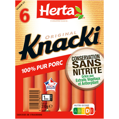 Saucisses Knacki Original Pur Porc Conservation Sans Nitrite HERTA x6- 210g