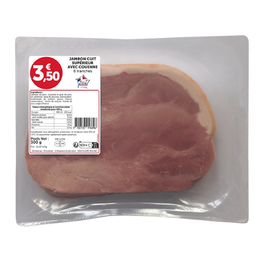 Jambon cuit supérieur avec couenne, VPF, 6 tranches