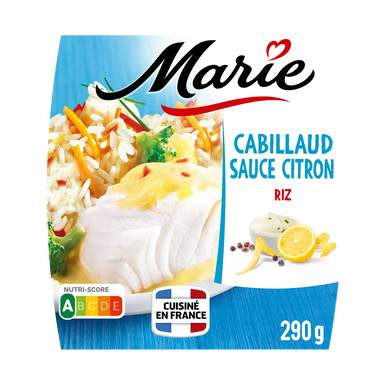 Plat cuisiné individuel Cabillaud sauce citron et riz aux petits légumes MARIE, 290g