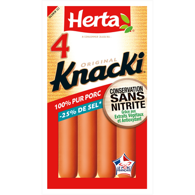 Saucisses Knacki Original Pur Porc -25% de sel Sans Nitrite HERTA x4 -140g