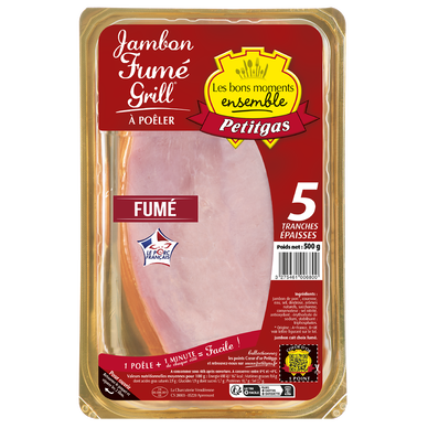 Jambon fumé grill Viande de porc Française PETITGAS, 5 tranches épaisses, 500g