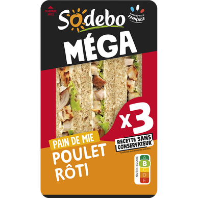 Sandwich Méga Club complet, poulet rôti et mayonnaise SODEBO, 230g