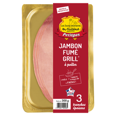 Jambon fumé grill Viande de porc Française PETITGAS, 3 tranches épaisses soit 300g
