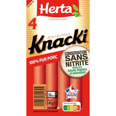 Saucisses Knacki Original Pur Porc Conservation Sans Nitrite HERTA x4- 140g