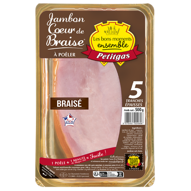 Jambon à poêler "Coeur de braise" Viande de Porc Française PETITGAS, 5tranches épaisses, 500g