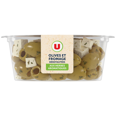 Olives vertes dénoyautées aux dés de fromage et herbes aromatiques,U 150g