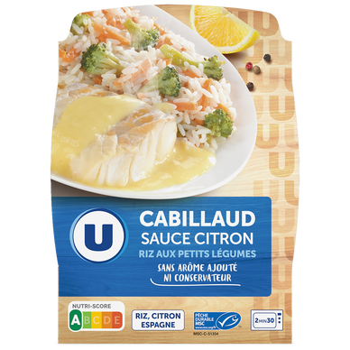Plat cuisiné individuel Cabillaud sauce citron riz cuisiné aux petitslégumes 290g