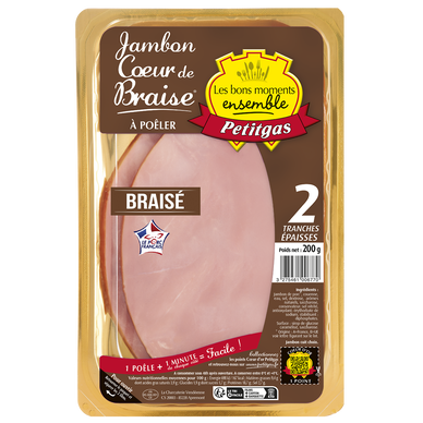 Jambon coeur de braisé Viande de porcs Française PETIGAS, 2 tranches épaisses soit200g