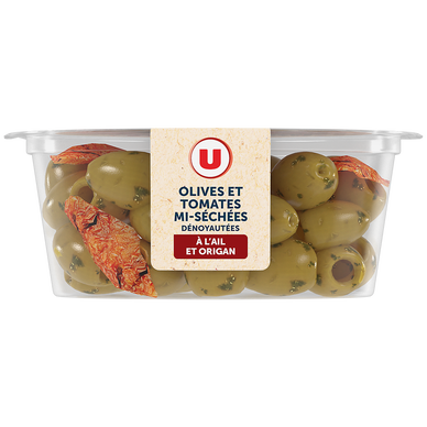 Olives vertes dénoyautées aux tomates mi-séchés à l'ail et à l'origan,150g