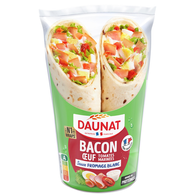 Sandwich wrap be wrappy bacon grillé, oeufs, tomates marinées et sauceyaourt DAUNAT, 190g