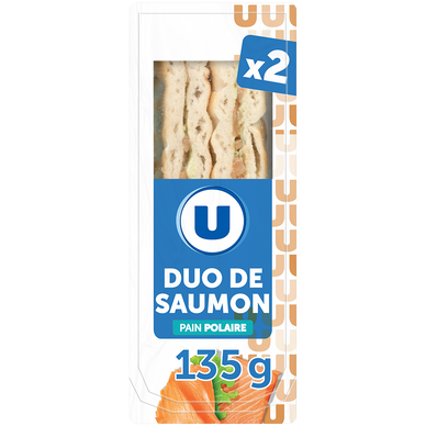 Sandwich duo pain spécile, garni de sauce au yaourt, salade, saumonfumé et cuit 8,8%mg MARQUE U 135g