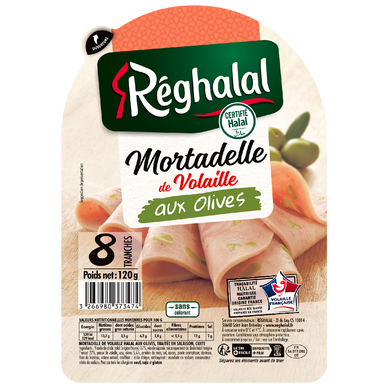 Mortadelle de dinde aux olives halal REGHALAL, 8 tranches, 120g
