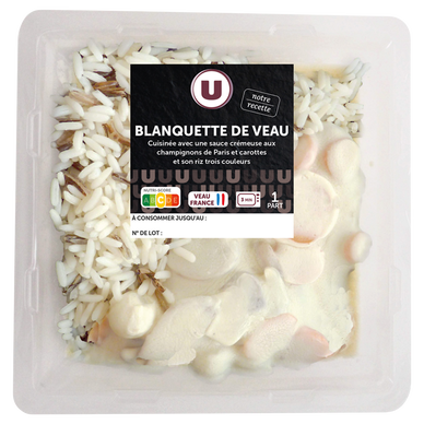 Blanquette de veau sauce aux champignons carottes et riz trois couleurs, 1 part, 300g
