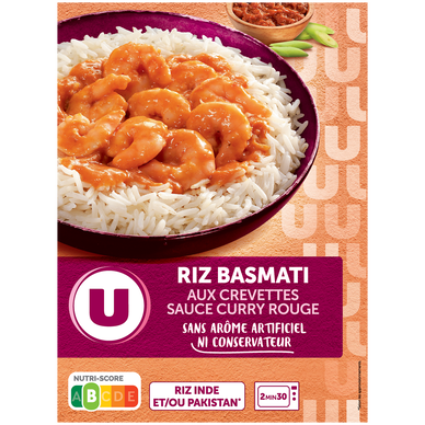 Plat cuisiné individuel Riz basmati cuit, crevette et sauce au curry rouge 280g